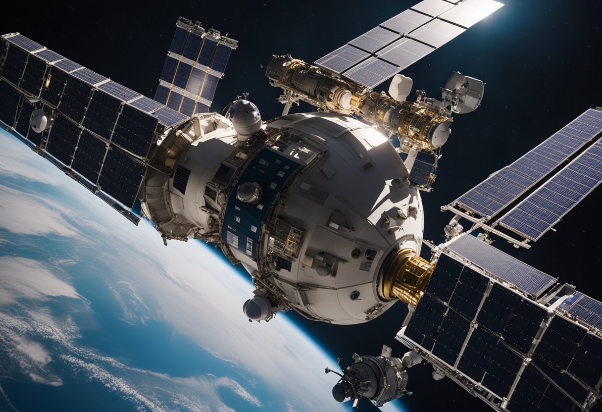 Spacecraft docked at a bustling space station, with cargo being unloaded and loaded for future missions. A backdrop of Earth and other celestial bodies highlights the commercial benefits of space exploration