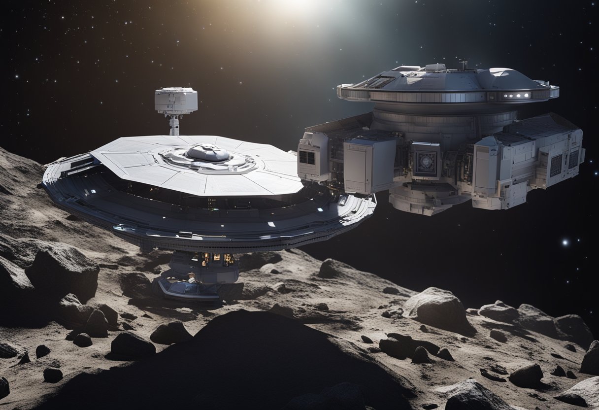 A spacecraft hovers over a rocky asteroid, mining equipment extends from its hull, while a legal document is displayed on a holographic screen