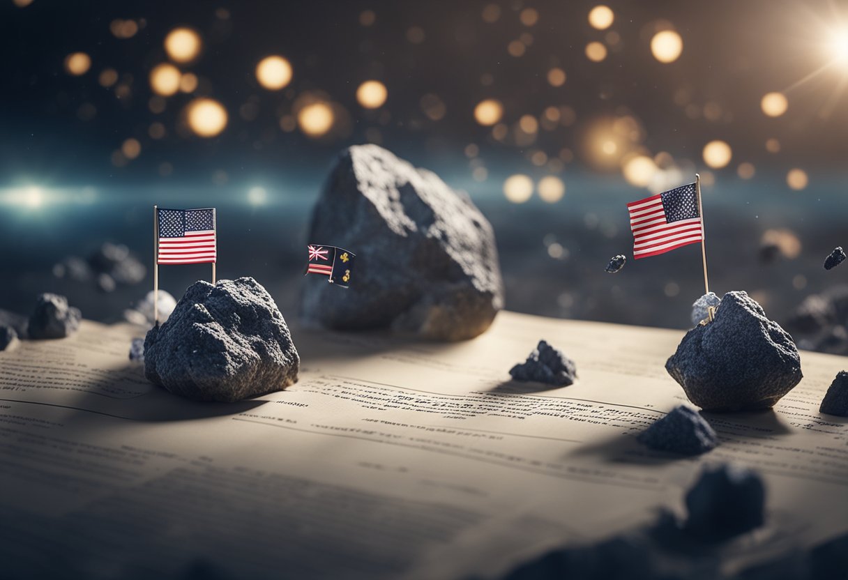 Asteroids being mined with legal documents and flags representing jurisdiction and sovereignty in space