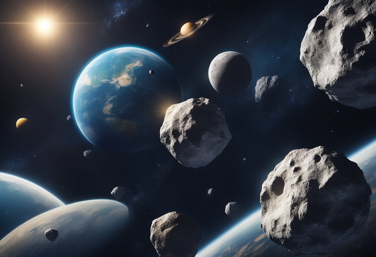 Asteroids orbiting in space, with legal documents and ethical guidelines floating around them