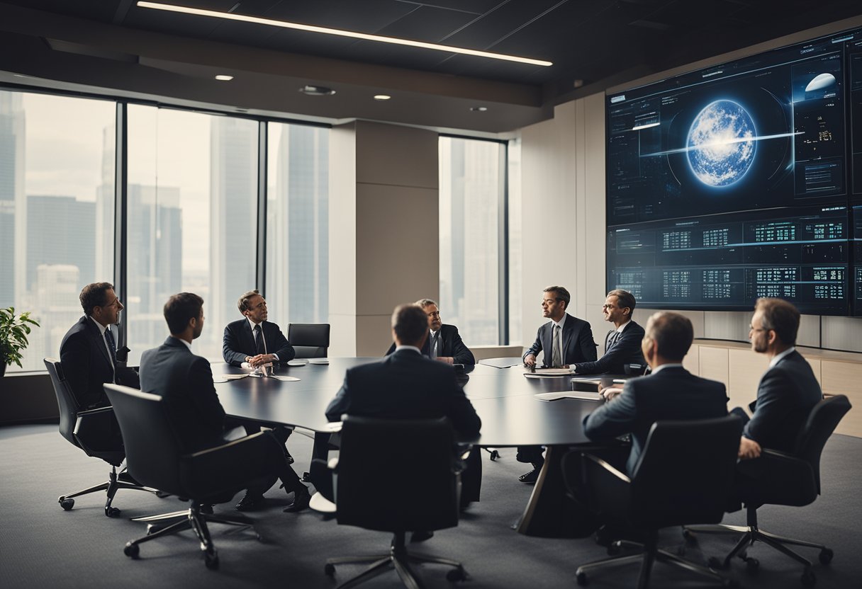 A group of lawyers and economists discussing asteroid mining regulations and financial implications in a conference room