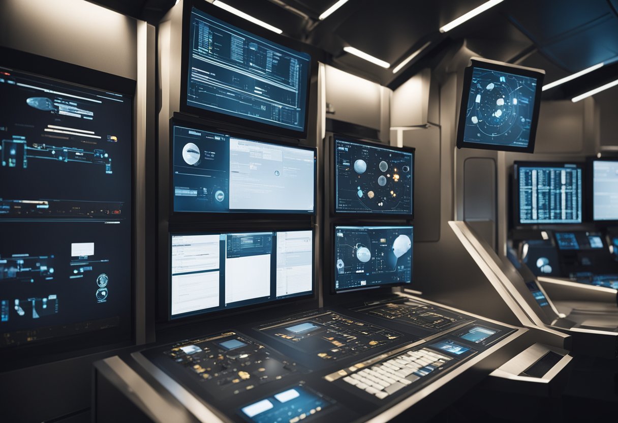 A futuristic space station with asteroid mining equipment and legal documents displayed on screens