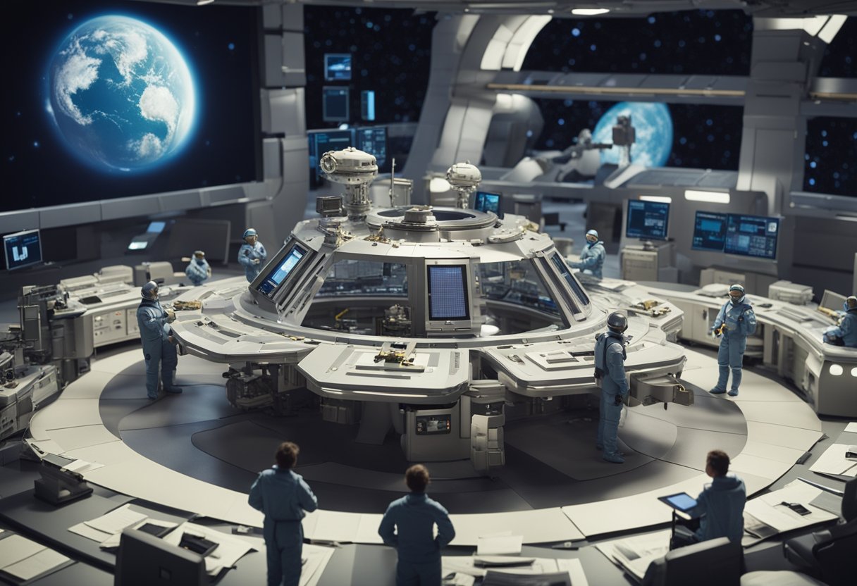 A space station with astronauts mining asteroids, surrounded by legal documents and government officials discussing legislation and policies