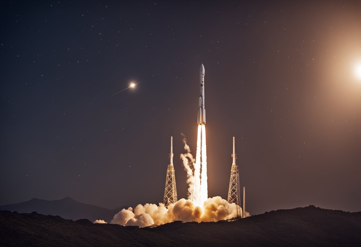 A rocket launches from Earth, leaving a trail of fire as it heads towards the moon. The moon looms large in the background, representing the cultural significance of exploration beyond our planet