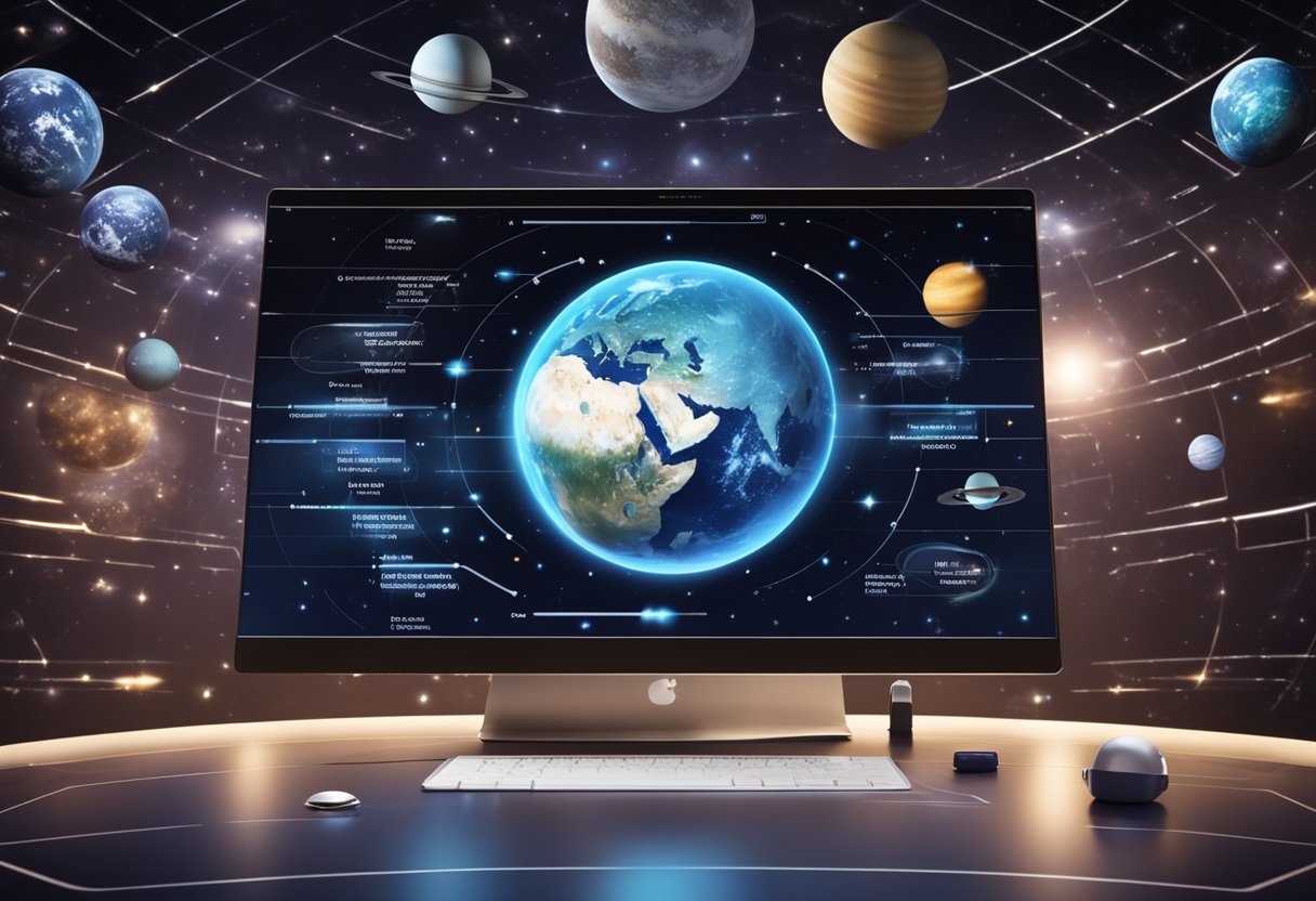 A virtual event on space exploration FAQs, with a backdrop of stars and planets, and a digital interface displaying questions and answers