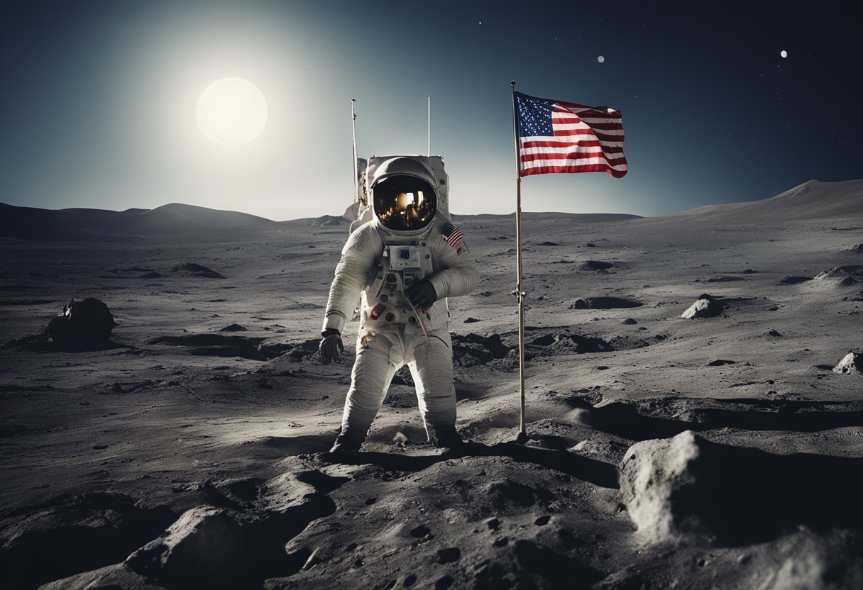 Moon landing site with American flag, footprints, and lunar module. Earth in background symbolizes human achievement and exploration