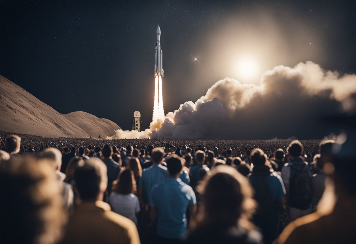 A rocket launches from Earth, bound for the moon. A crowd watches in awe, celebrating the cultural significance of lunar missions