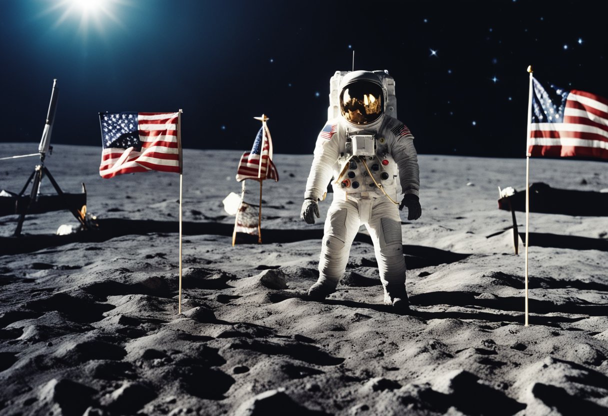 The moon landing is depicted with flags planted, astronauts in spacesuits, and Earth in the background, symbolizing political and economic impact and cultural significance