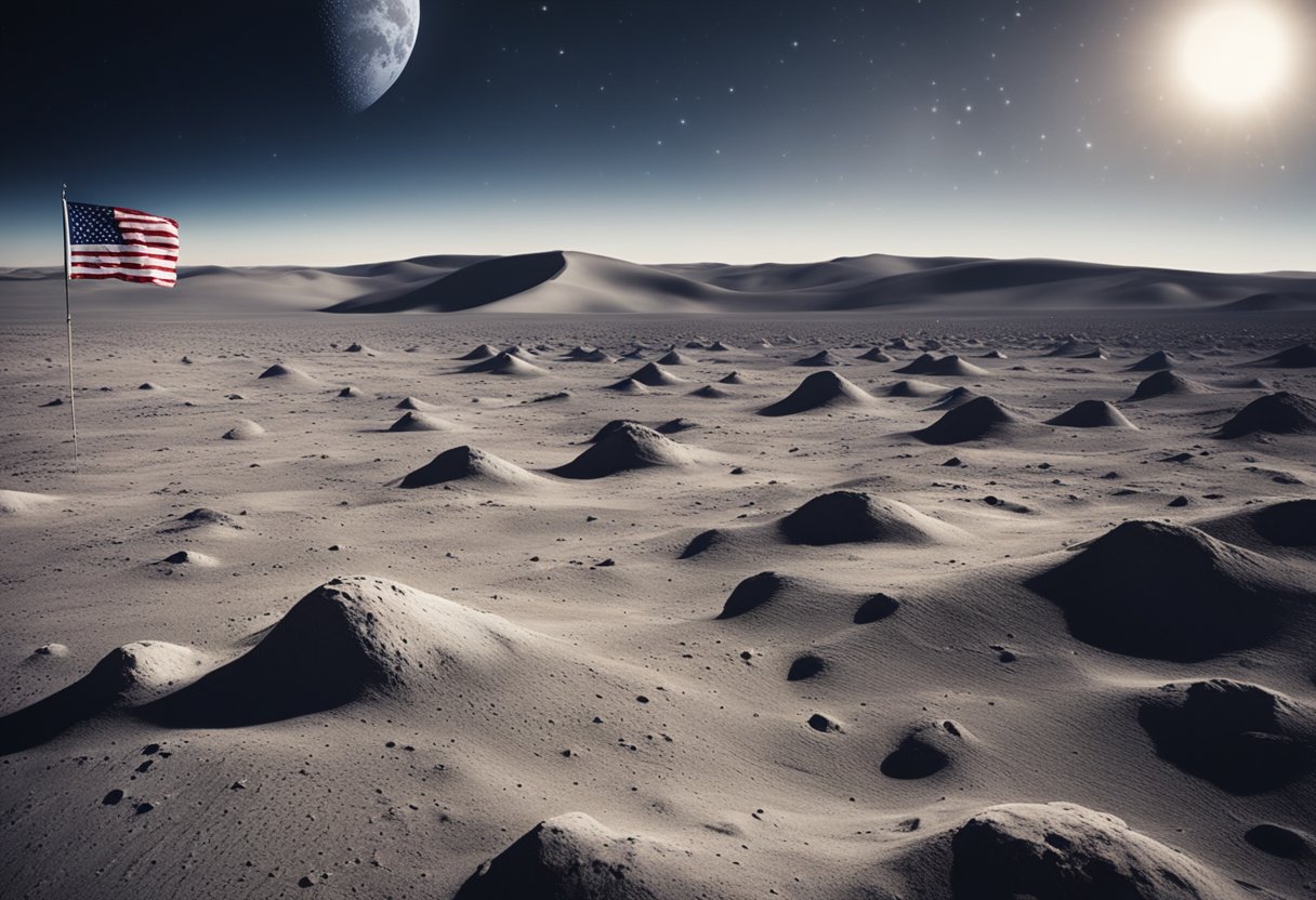 A lunar landscape with footprints, an American flag, and a spacecraft, symbolizing the cultural significance of moon landings