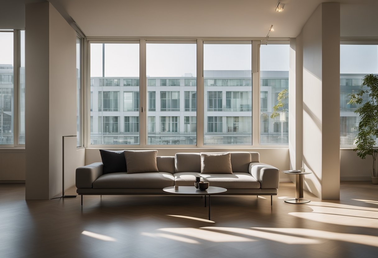 A room with minimalist furniture and large windows, casting long shadows. A single piece of abstract art hangs on the wall, creating a focal point