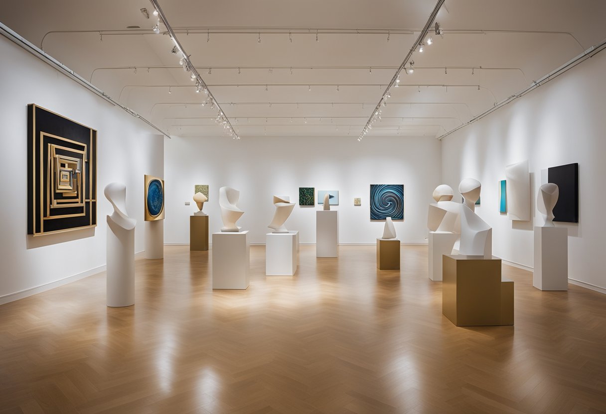 A gallery filled with abstract sculptures and paintings, showcasing innovative use of space and perspective by influential contemporary artists