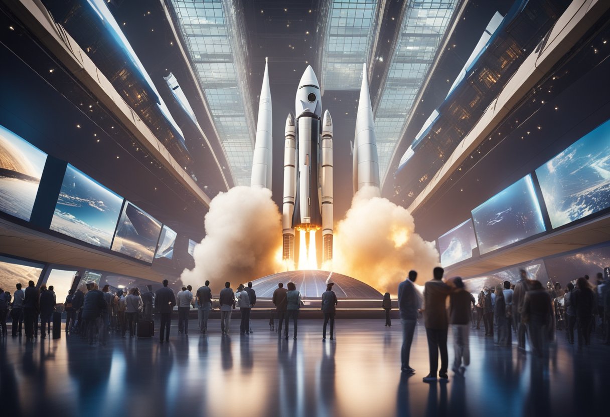 A rocket launches from a futuristic spaceport, surrounded by bustling crowds and advanced technology, as virtual space exploration events are displayed on large screens