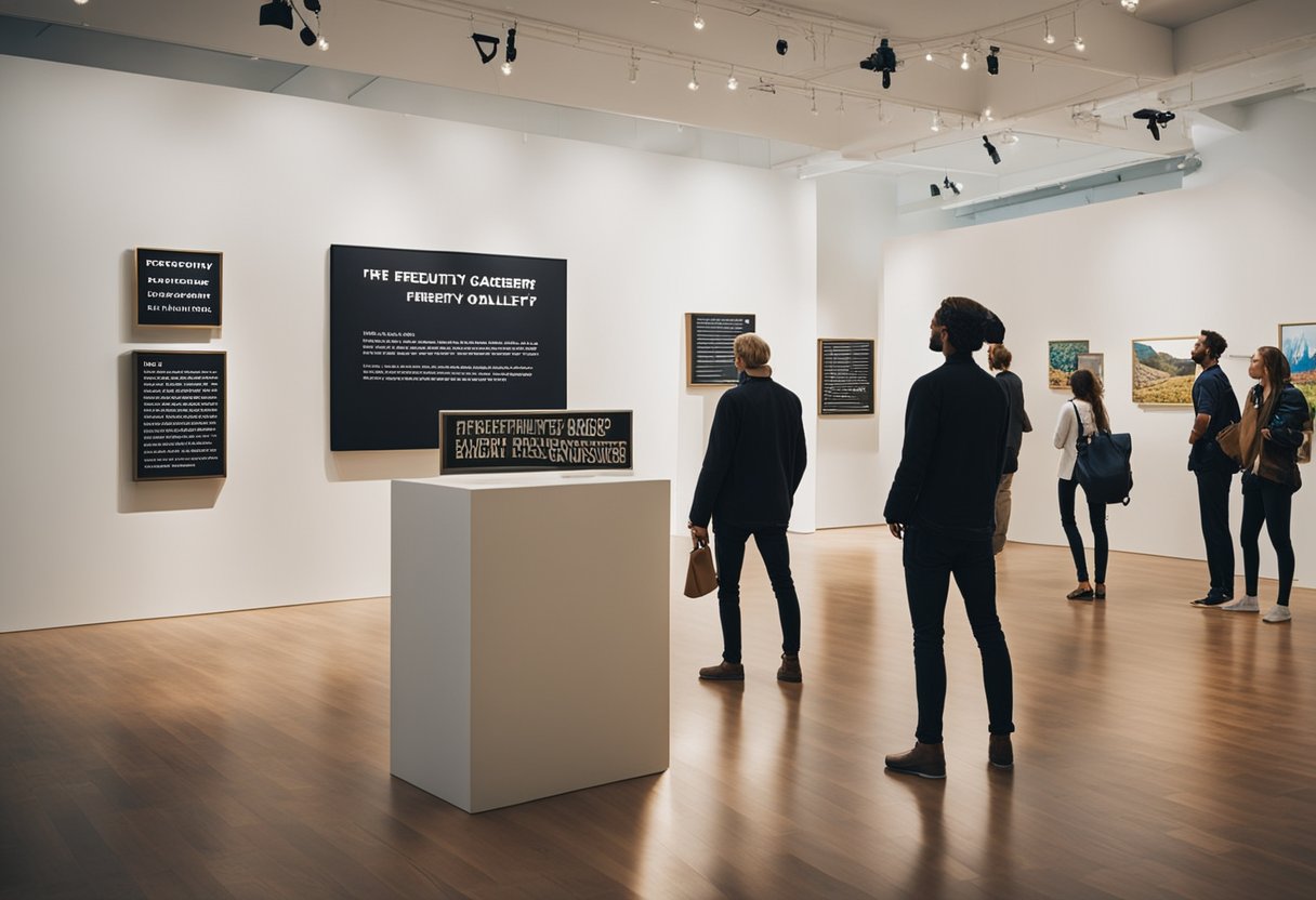 A gallery with abstract sculptures and paintings, visitors interacting with the artwork, and a sign with "Frequently Asked Questions" in bold letters