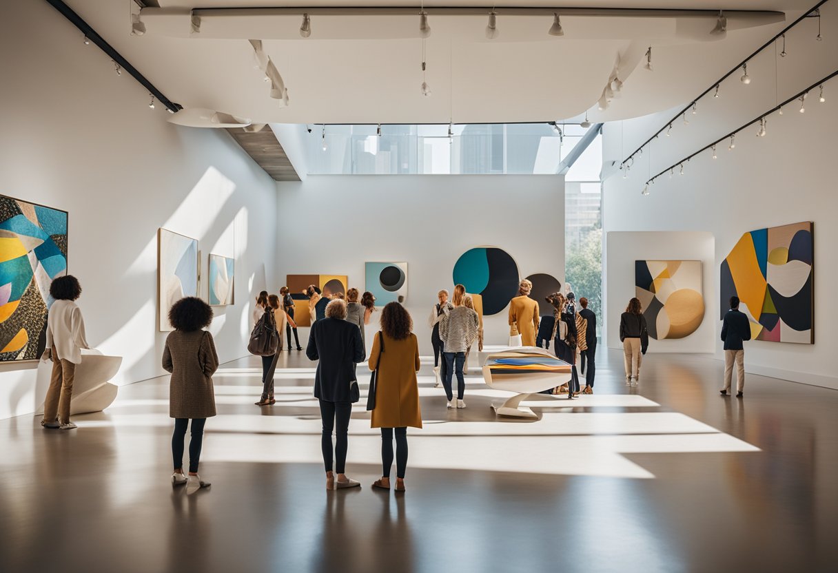 A diverse group of people gather in a modern art gallery, surrounded by large, abstract sculptures and vibrant, colorful paintings. The space feels open and inviting, with natural light streaming in through floor-to-ceiling windows