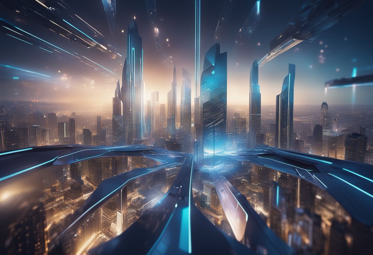 A futuristic cityscape with holographic projections and sleek, metallic structures, showcasing the integration of technology and space in contemporary art