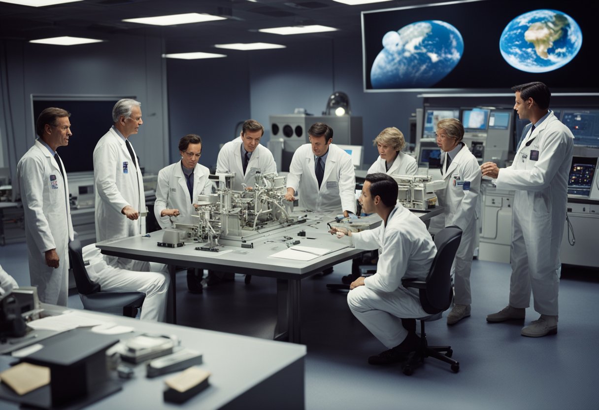 Scientists from different countries work together to protect Apollo landing sites, while also resolving disputes. They gather around a table, discussing and sharing information, with lunar landscapes and spacecraft models in the background