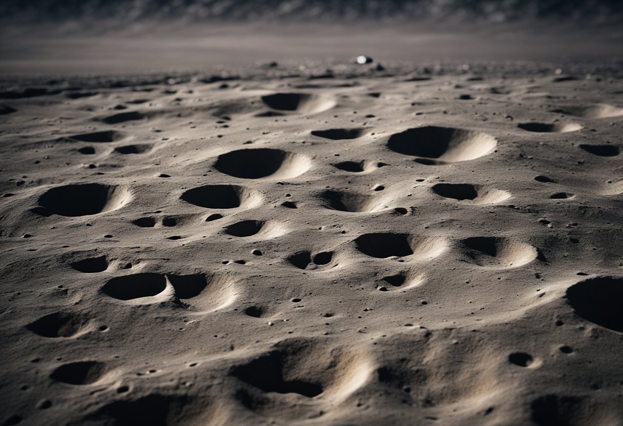 The moon's surface with Apollo landing sites, footprints, and artefacts. Craters and rocks surround the preserved historical landmarks
