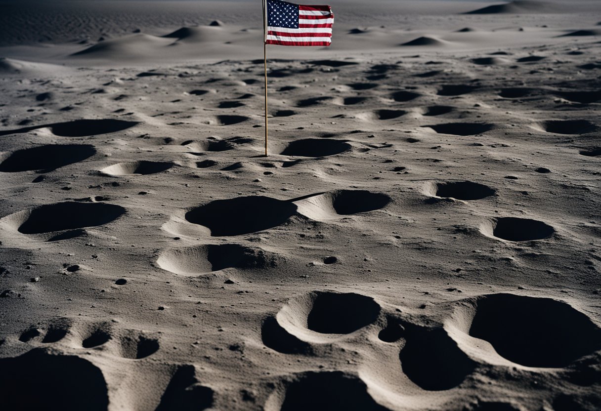 The lunar landscape shows footprints, equipment, and the American flag, all preserved as part of the Apollo landing sites