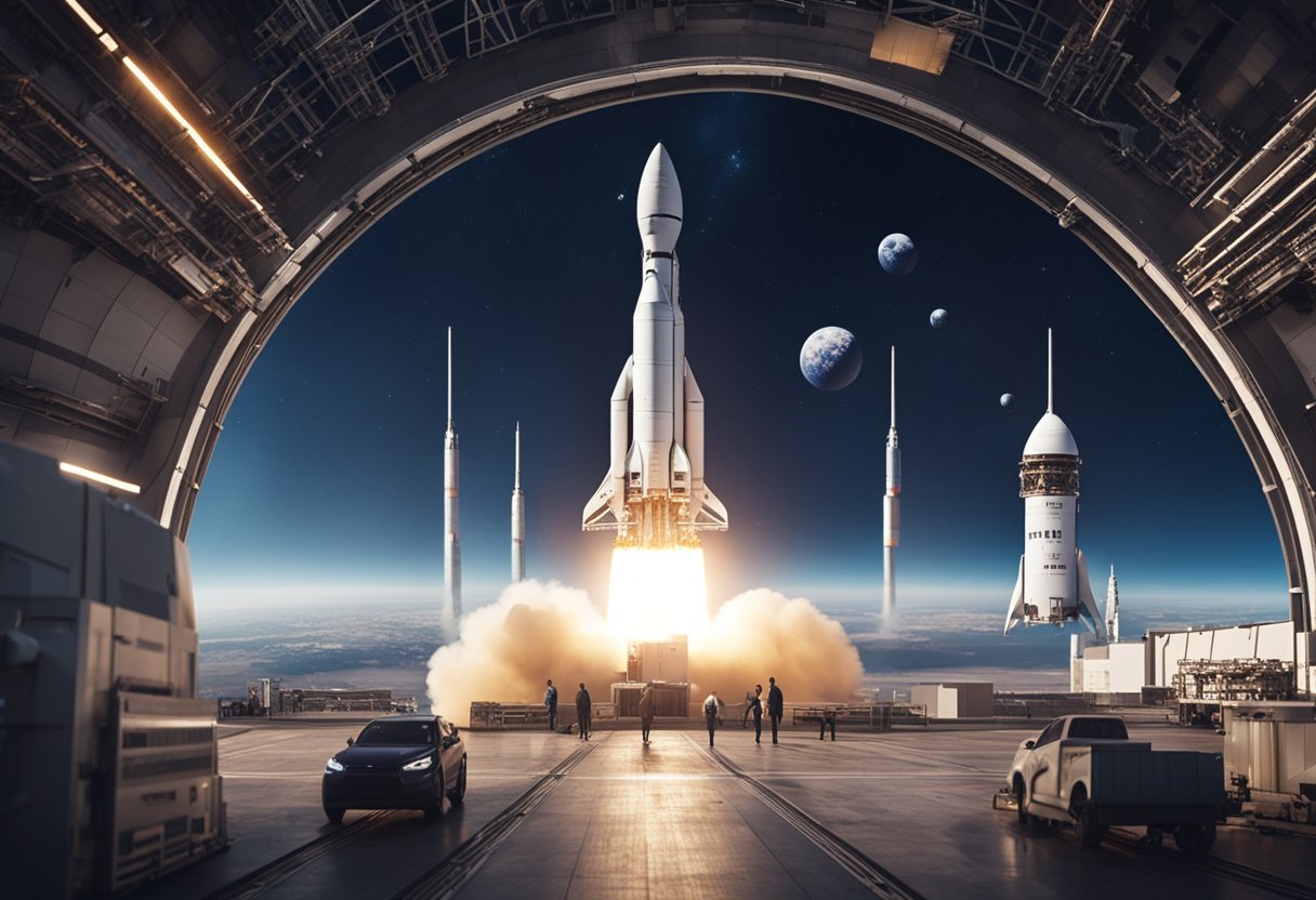Newly built spaceports, bustling with activity. Rockets launching into the starry sky, carrying satellites and astronauts. The Earth looms in the background, a symbol of the progress of emerging space nations