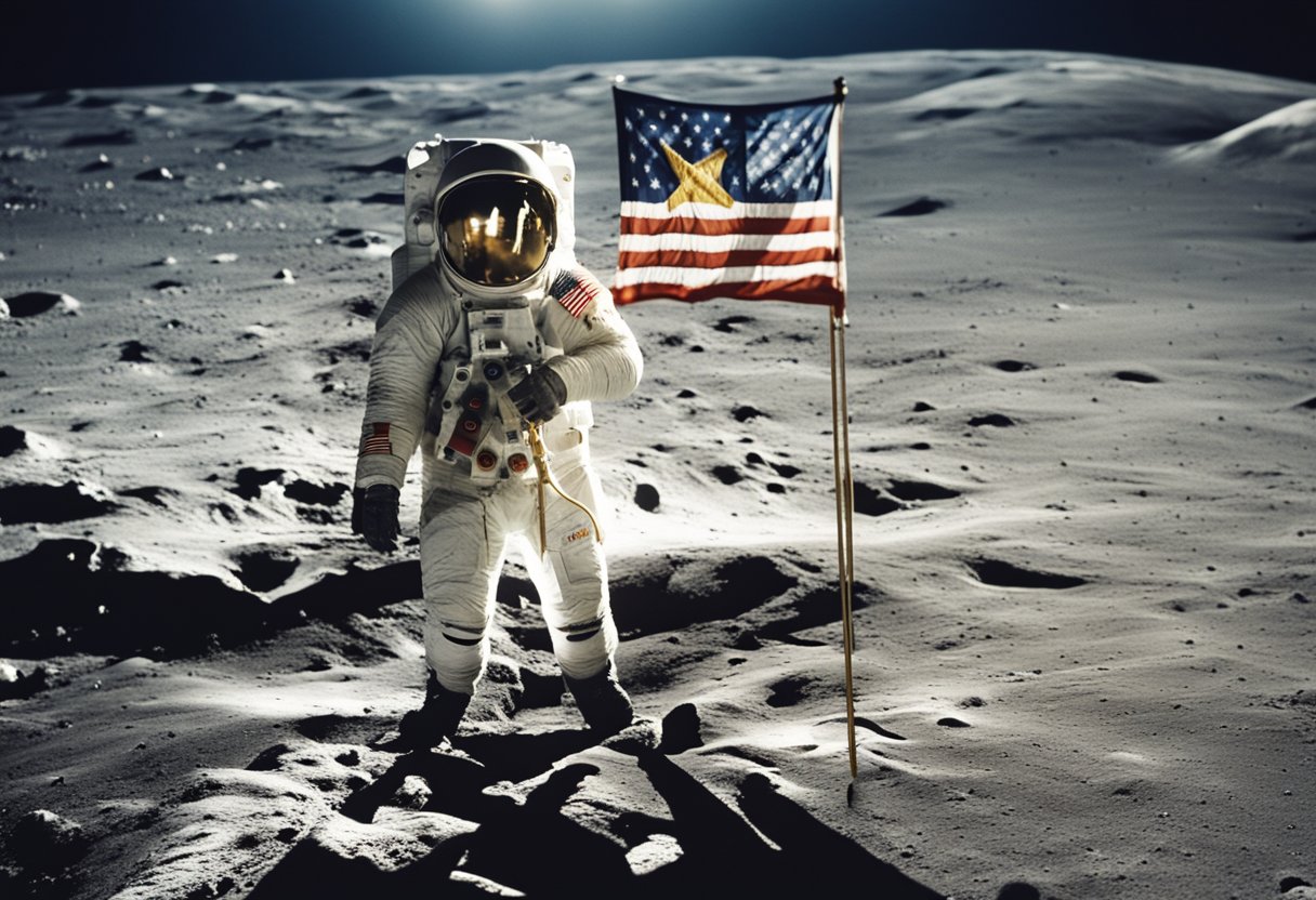 The Apollo landing sites are marked with flags and footprints, surrounded by scientific equipment and preserved for future educational and cultural impact