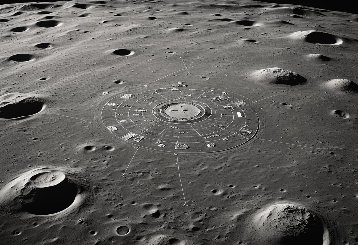 Lunar landscape with marked boundaries and signs indicating preservation zones around Apollo landing sites