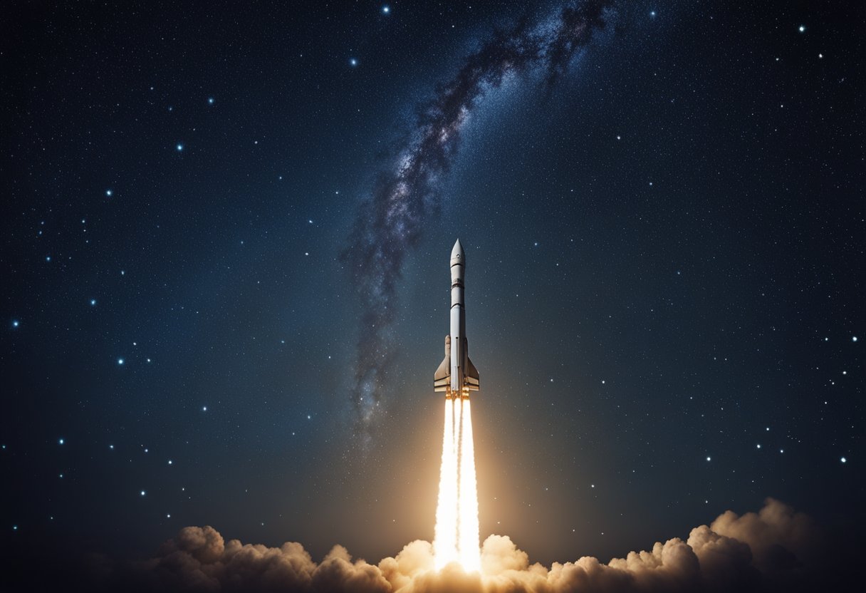 A rocket soars through the vast expanse of space, surrounded by twinkling stars and distant galaxies. Its sleek design and powerful engines symbolize humanity's quest for exploration and discovery beyond the confines of Earth