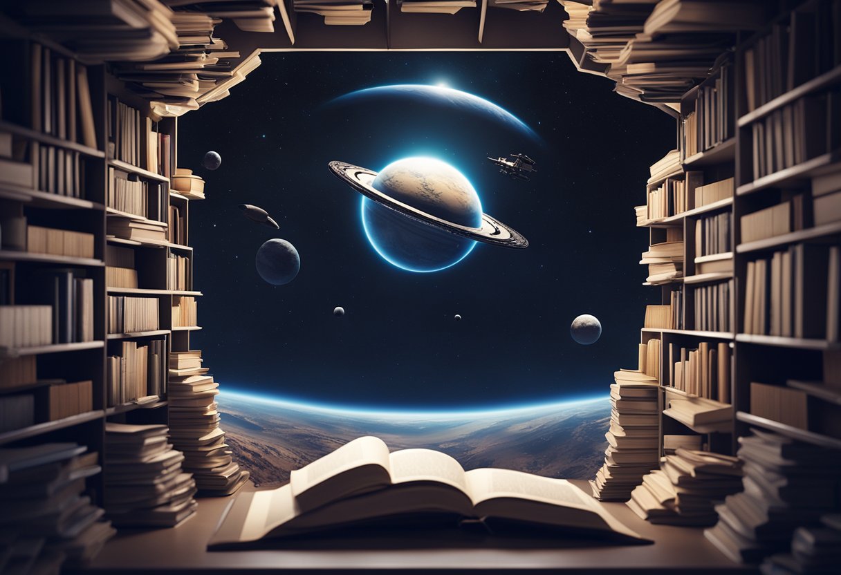 A spaceship hovers over a desolate planet, while books float in the zero-gravity atmosphere, symbolizing the impact of space exploration on modern literature
