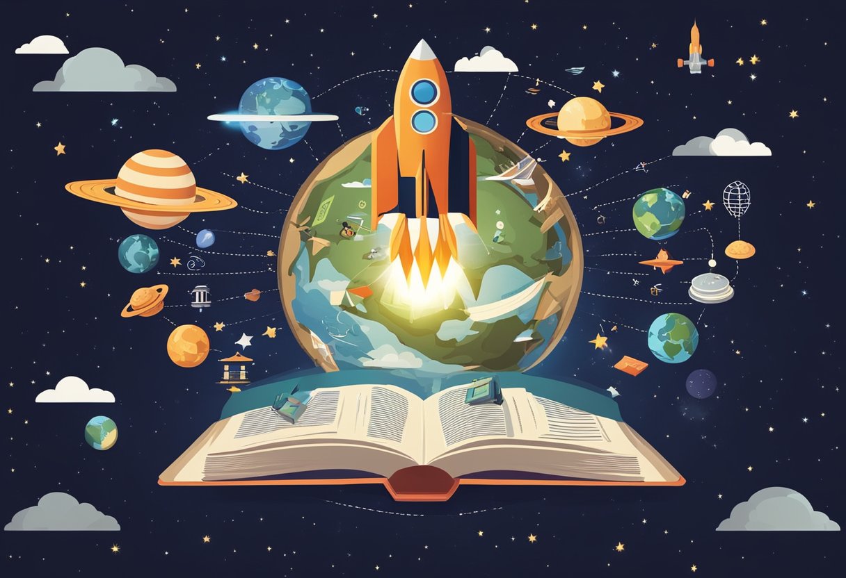 Books orbiting a rocket, with words and symbols floating in space, connecting to Earth literature
