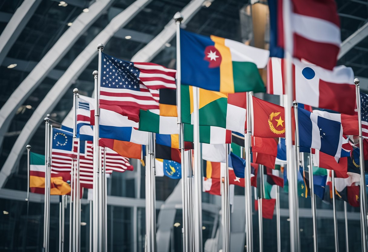 International flags fly outside a modern space center, while a diverse group of professionals collaborate inside on a mission