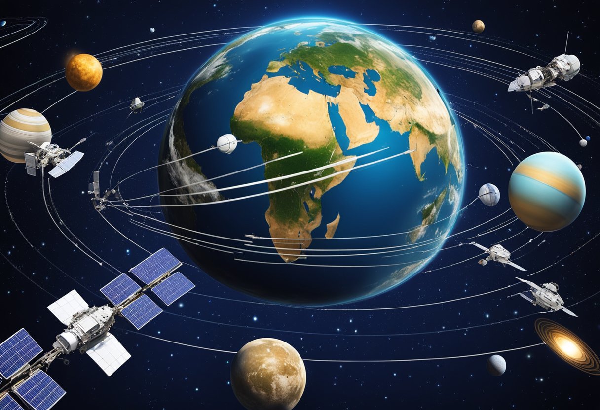 Multiple spacecraft from various countries orbiting a distant planet, with communication satellites linking them together for collaborative space missions