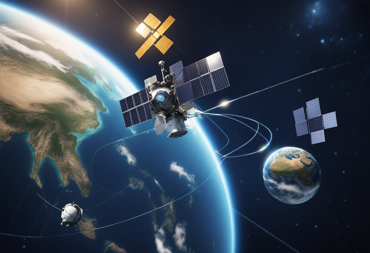 Satellite orbiting Earth, transmitting data to enhance security in developing countries