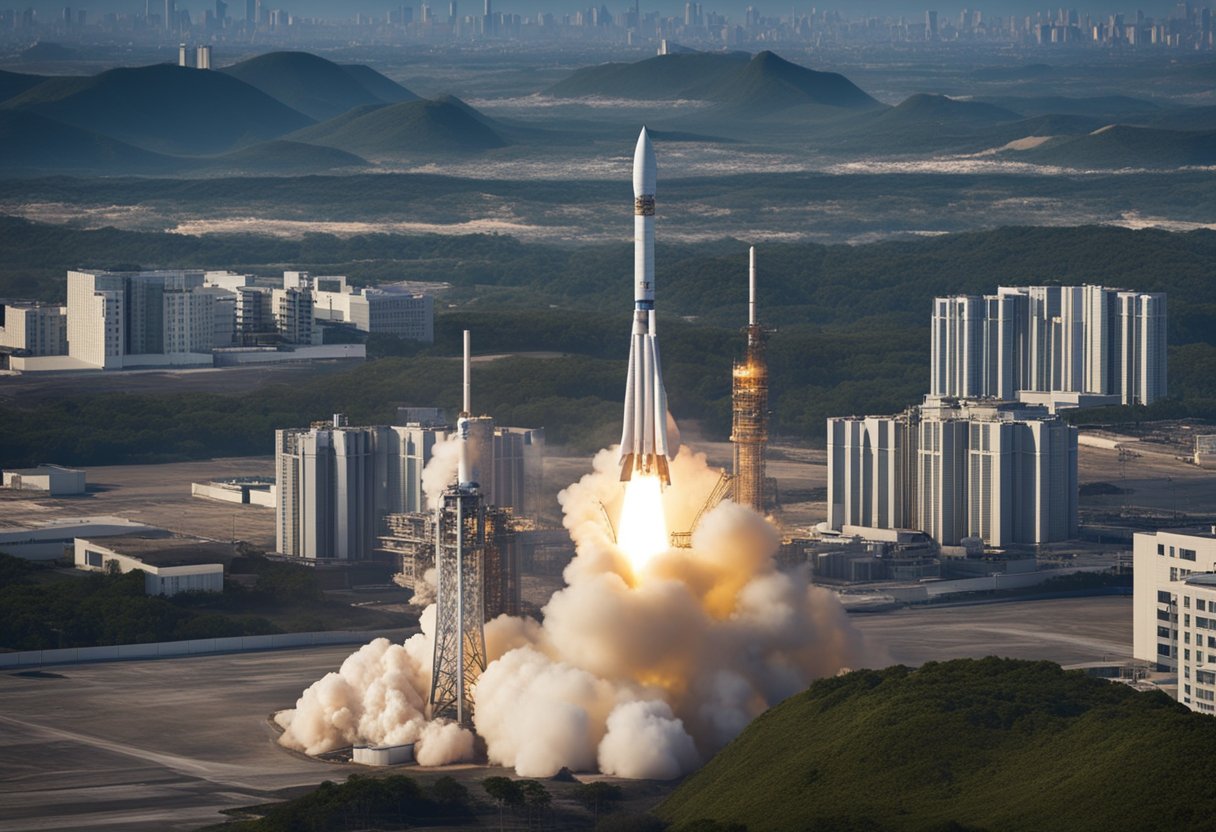 A rocket launches from a space center, carrying technology to developing countries. The rocket is surrounded by a futuristic landscape of buildings and infrastructure