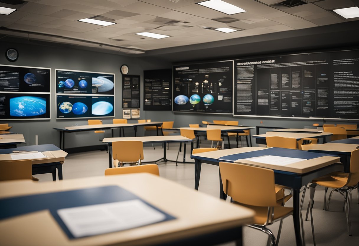 A classroom with NASA educational materials on space science, including posters, models, and interactive displays