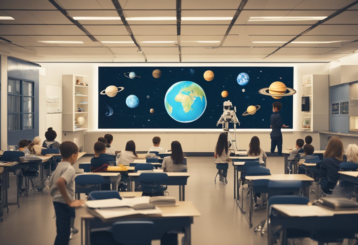 A classroom with space-themed posters, models, and books. A telescope and planetarium globe are on display. Students engage in hands-on experiments