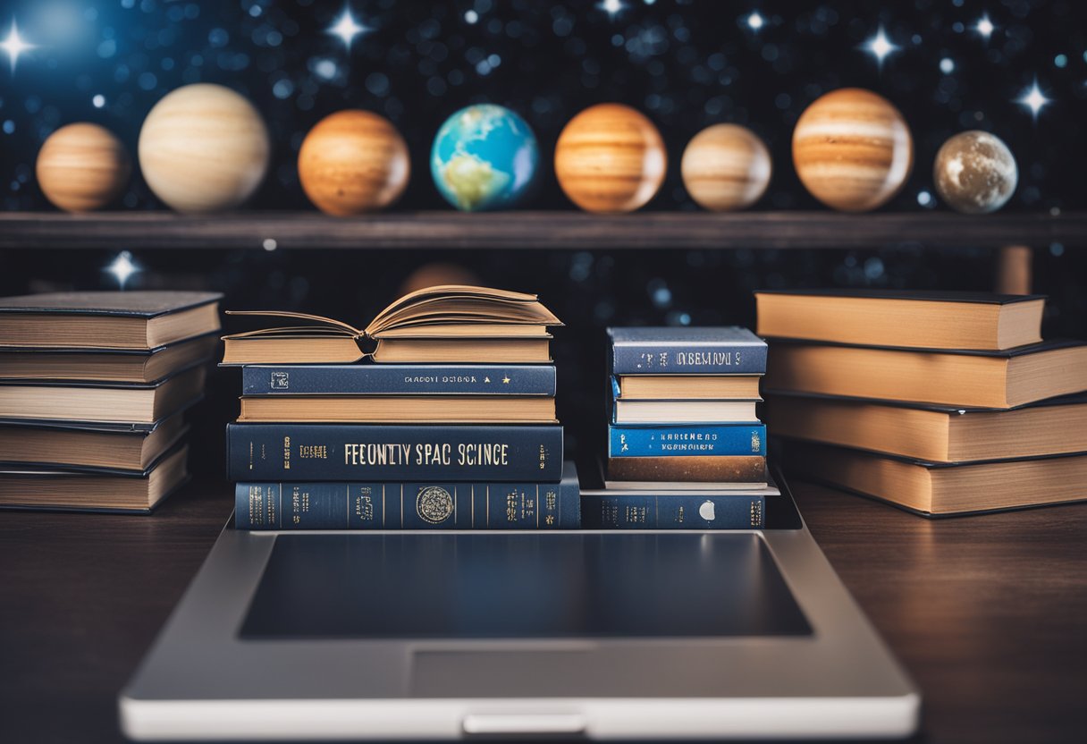 A stack of space science books surrounded by planets, stars, and galaxies. An open laptop displays "Frequently Asked Questions Educational resources for space science."