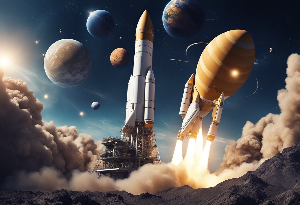 A rocket launches into space, surrounded by planets and stars. Educational materials on space science are scattered around, with popular culture references such as space movies and books