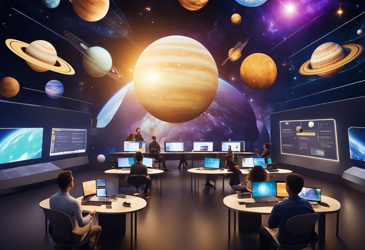 A group of students engage with virtual simulations and educational tools in an online space-themed classroom, surrounded by colorful images of planets, stars, and spacecraft