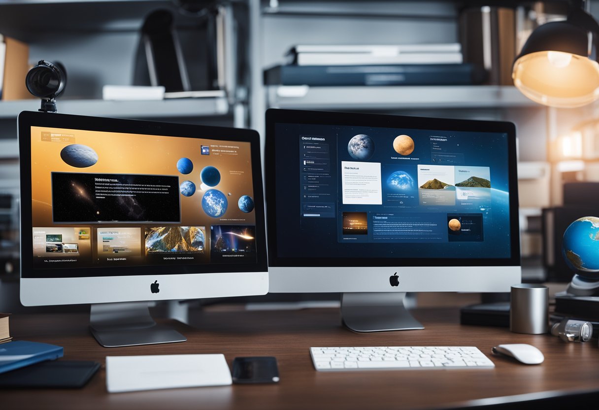 A computer screen displays NASA's online space education resources, surrounded by books, models, and a telescope