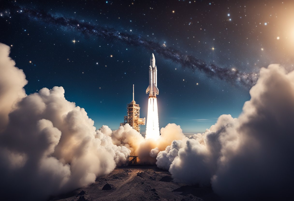 A rocket launches into the vast expanse of space, surrounded by twinkling stars and distant galaxies. A sense of wonder and discovery fills the air as the frontiers of knowledge are explored