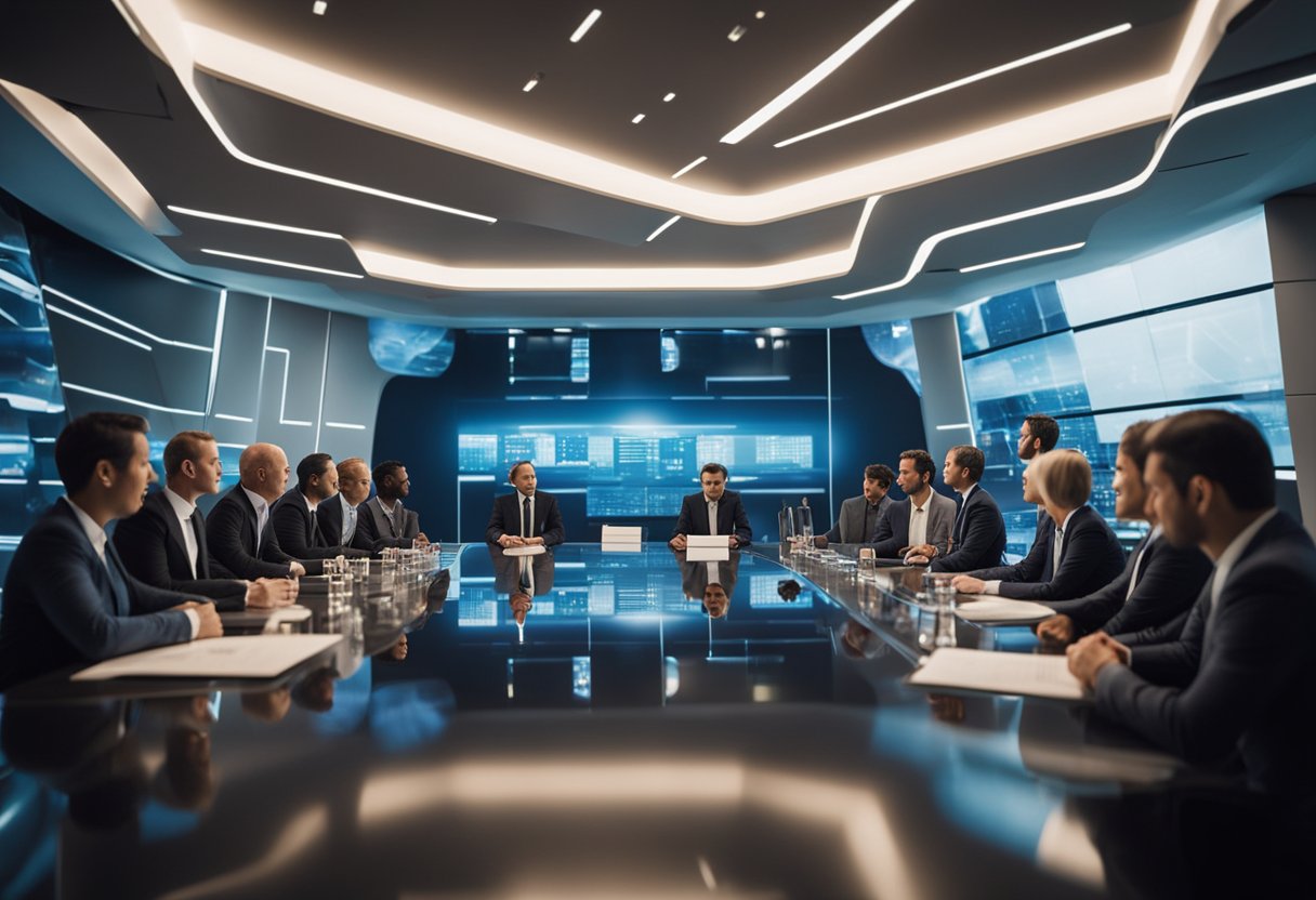 A group of emerging space nations discussing frequently asked questions in a futuristic conference room with advanced technology