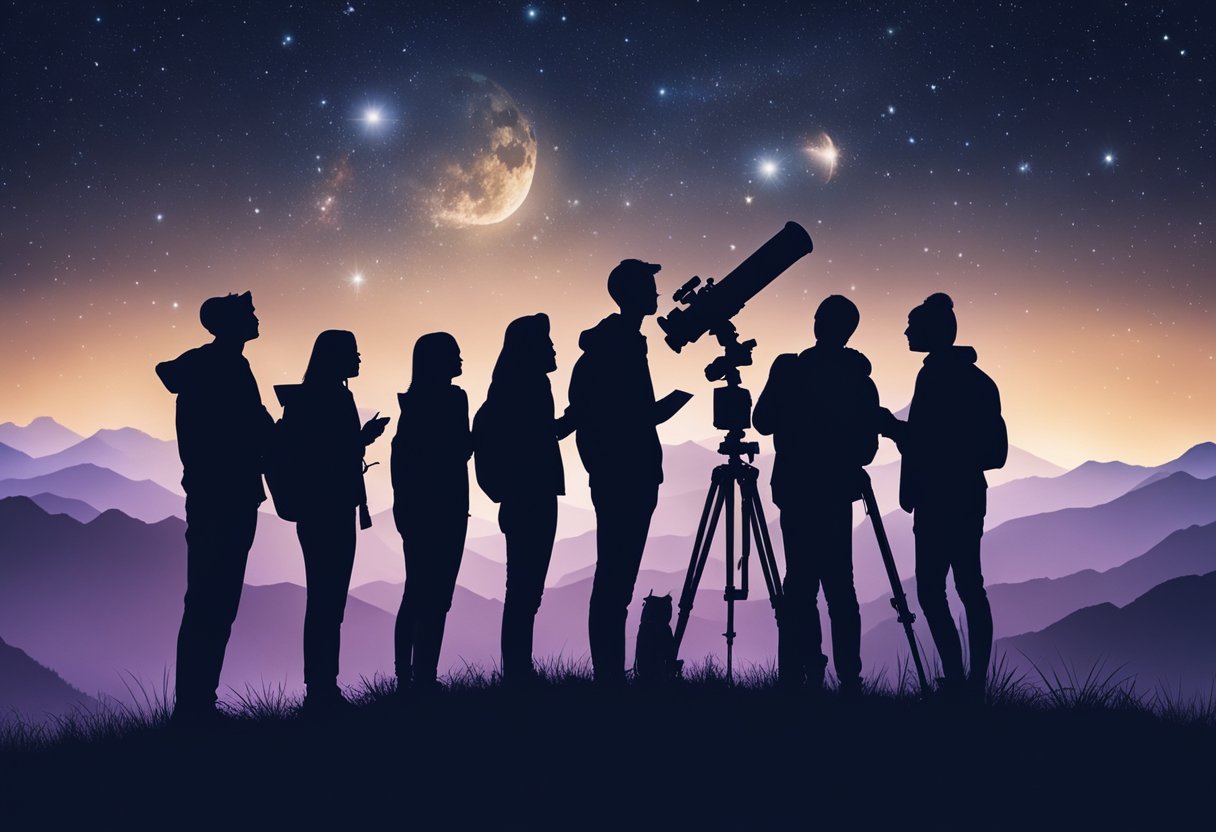 A group of people gather under the night sky, pointing telescopes and taking notes, as they participate in citizen science projects in astronomy
