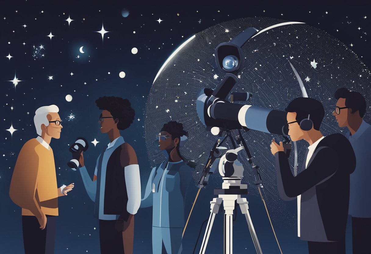 A group of diverse individuals collaboratively observe celestial objects through telescopes and record their findings for citizen science projects in astronomy