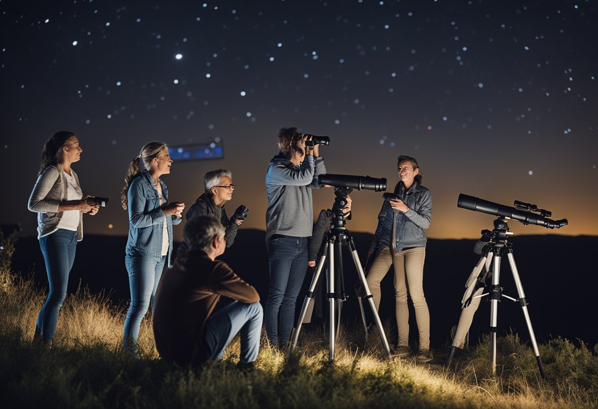 A group of people of all ages gaze at the night sky through telescopes and binoculars, taking notes and discussing their observations