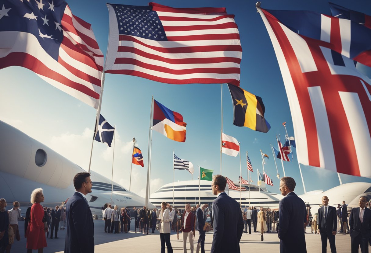Diverse flags and symbols adorn a bustling spaceport, representing emerging spacefaring nations. Political leaders engage in diplomatic discussions while citizens celebrate cultural traditions