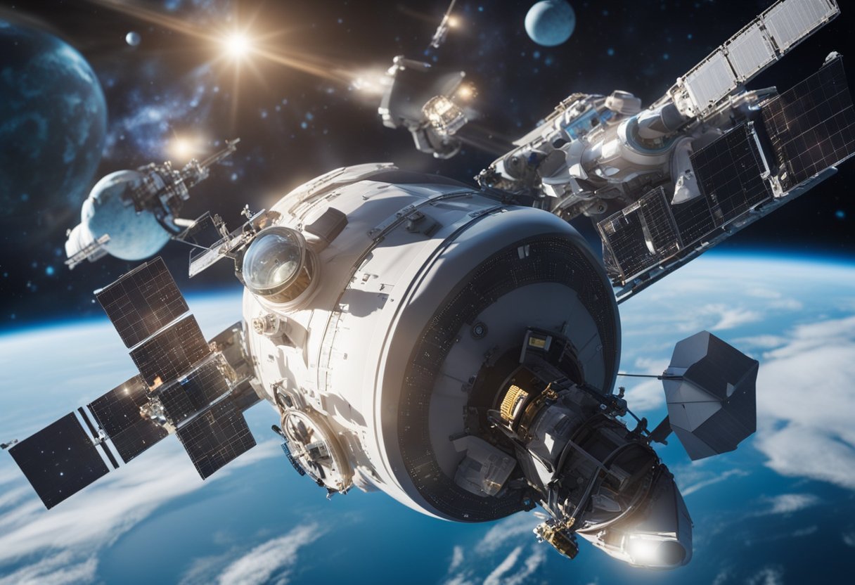 A spaceship orbiting Earth, with medical equipment and supplies scattered around, highlighting the challenges of long-duration spaceflights on human health