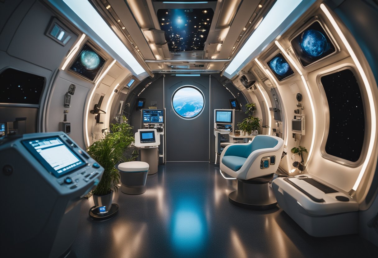 A space capsule interior with medical equipment and plants for crew health in long-duration spaceflights