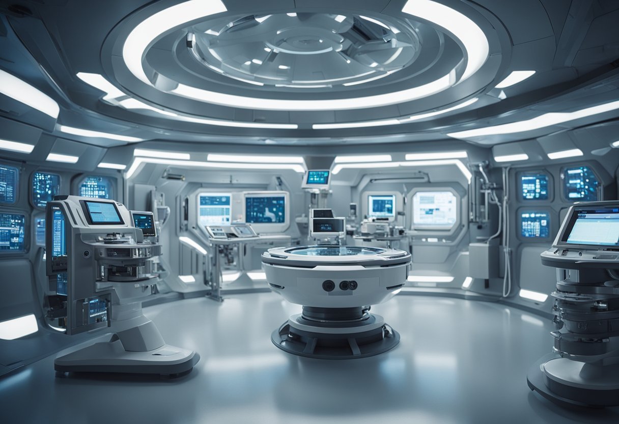 A futuristic space station with advanced medical equipment and technology