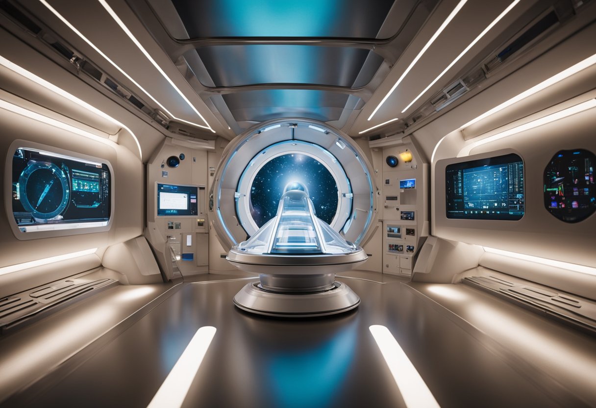 A space capsule floats in zero gravity, surrounded by futuristic medical equipment and technology. A holographic display shows the evolution of space medicine innovations