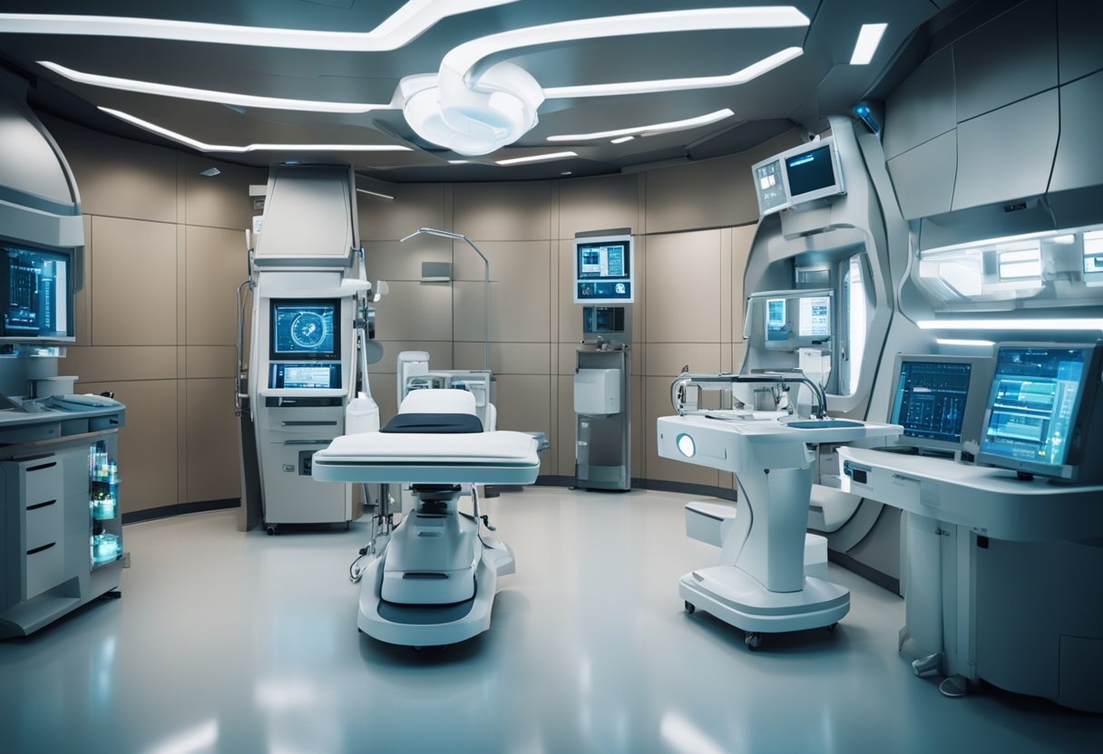 A futuristic medical bay with advanced equipment and technology for space healthcare