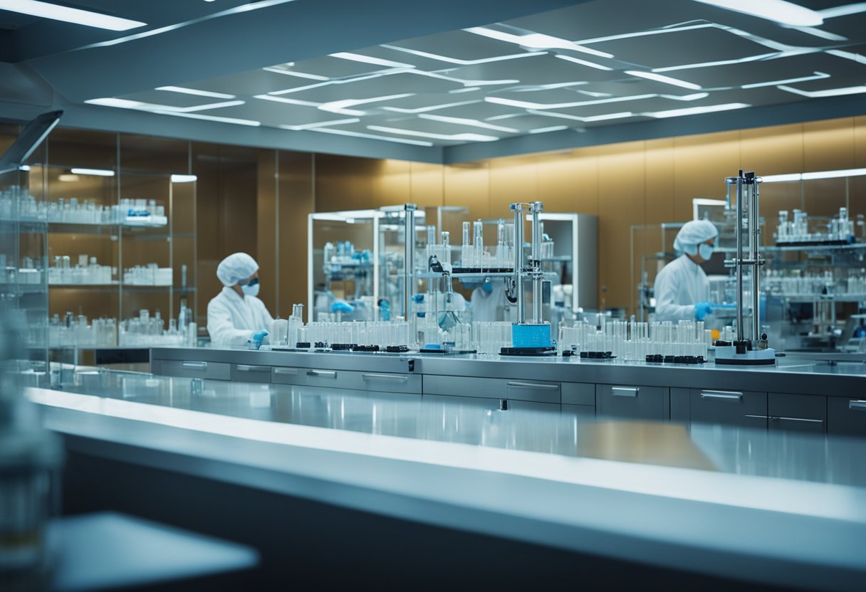 A laboratory setting with futuristic equipment and space-themed decor, symbolizing the intersection of pharmaceutical research and space medicine